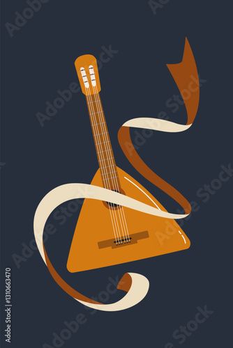 Colorful balalaika with ribbons and musical notes on a dark background
