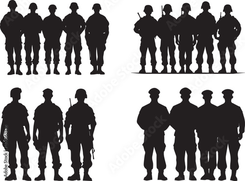 Silhouette of a group military officers, standing at attention vector silhouette