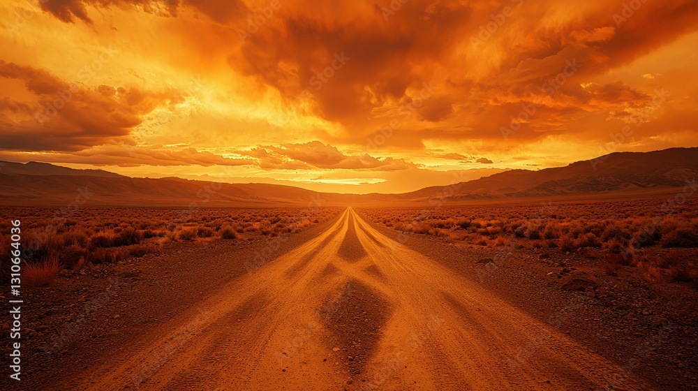 Fototapeta premium Dramatic Desert Landscape at Crossroads Under Striking Sunset Sky
