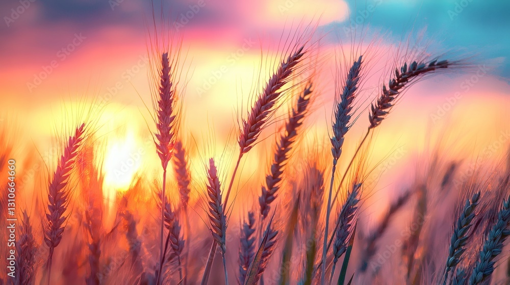 Golden Wheat Field Under Colorful Sunset Sky at Dusk Golden Wheat Field Under Colorful Sunset Sky at Dusk
