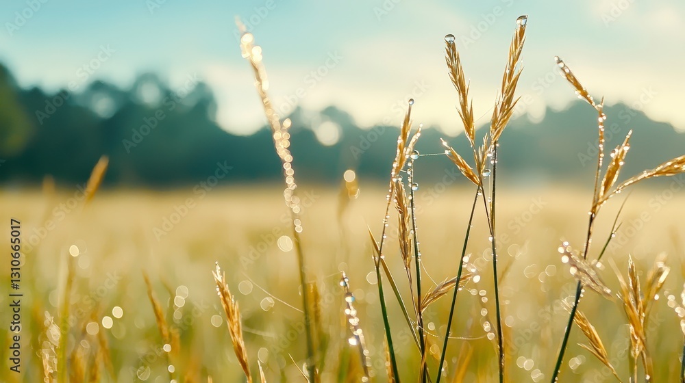 Fototapeta premium Dew Drops on Grass in Morning Light