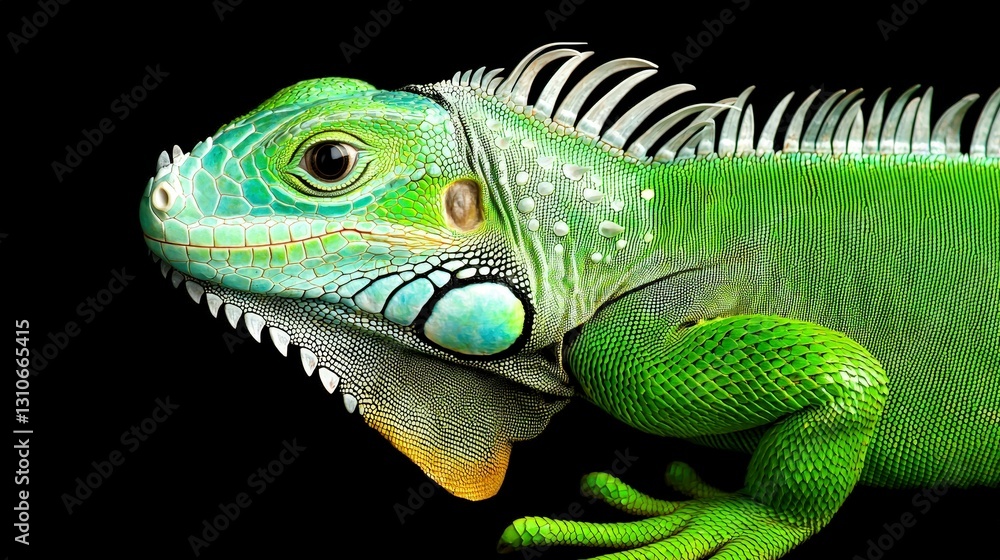 Obraz premium Vibrant Green Iguana Close up Reptile Lizard Exotic Wildlife Nature Scales Tropical