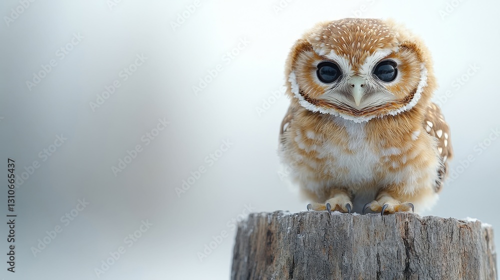 Obraz premium Fluffy Baby Owl Perched on Snowy Stump