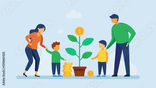 Investing for the Future A family planting a tree with coins around its base symbolizing investment growth over time for a secure future.