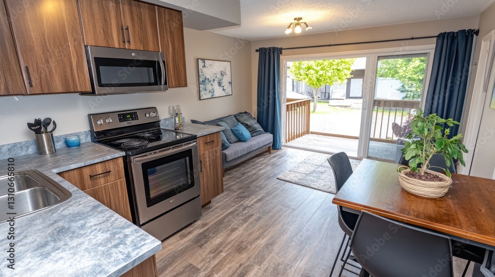 Fototapeta premium Minimalist open-concept kitchen with sleek cabinetry and a practical, easy-to-clean layout.