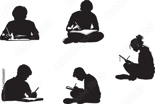 Silhouette of a student writing notes in a notebook. Silhouette of a student taking an exam holding a pencil vector silhouette