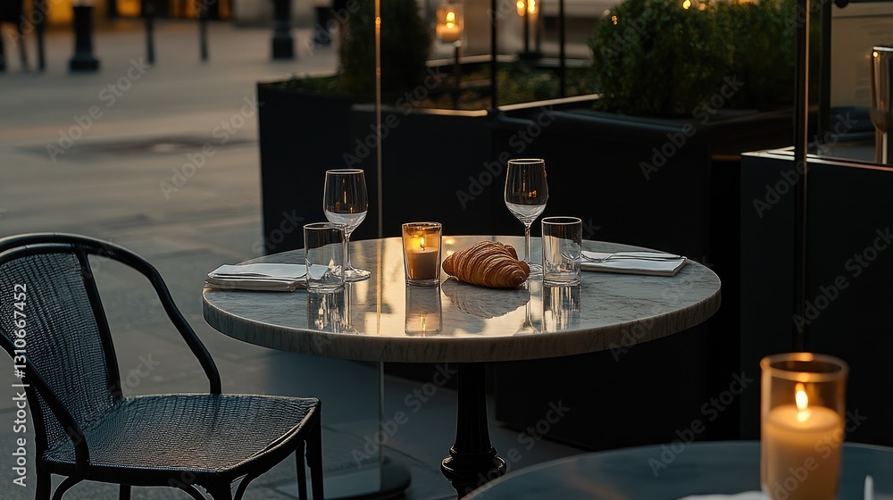 Fototapeta premium Parisian caf-style bar table with elegant wine glasses, croissants, and candlelight.