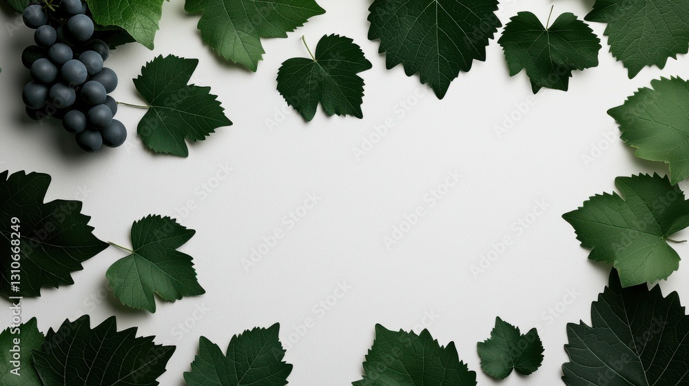 Fresh Juicy Grapes Surrounded by Green Leaves on Bright White Surface Fresh Juicy Grapes Surrounded by Green Leaves on Bright White Surface