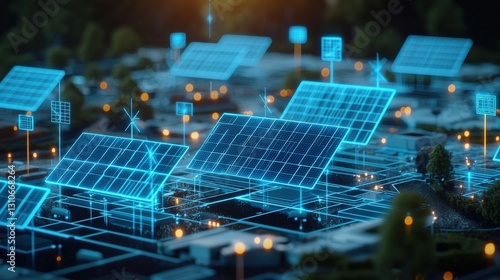 A solar farm with AR overlays showcasing energy production