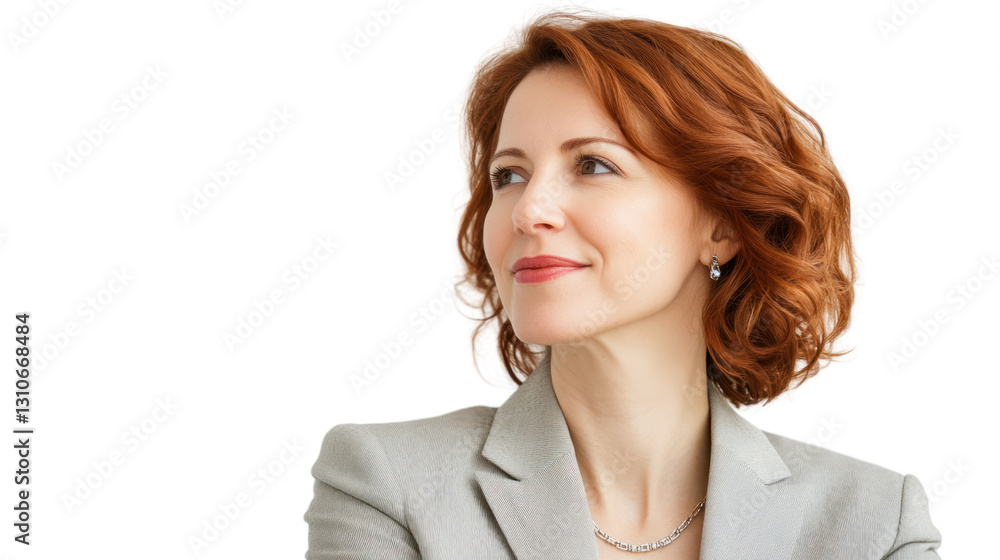 Confident business woman with red hair looking thoughtfully to the side, isolated on a white background. Confident business woman with red hair looking thoughtfully to the side, isolated on a white background.