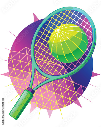 A close-up shot of a tennis racket, its strings artfully arranged to form a vibrant, stylized letter 'G'.  High-resolution, detailed strings.