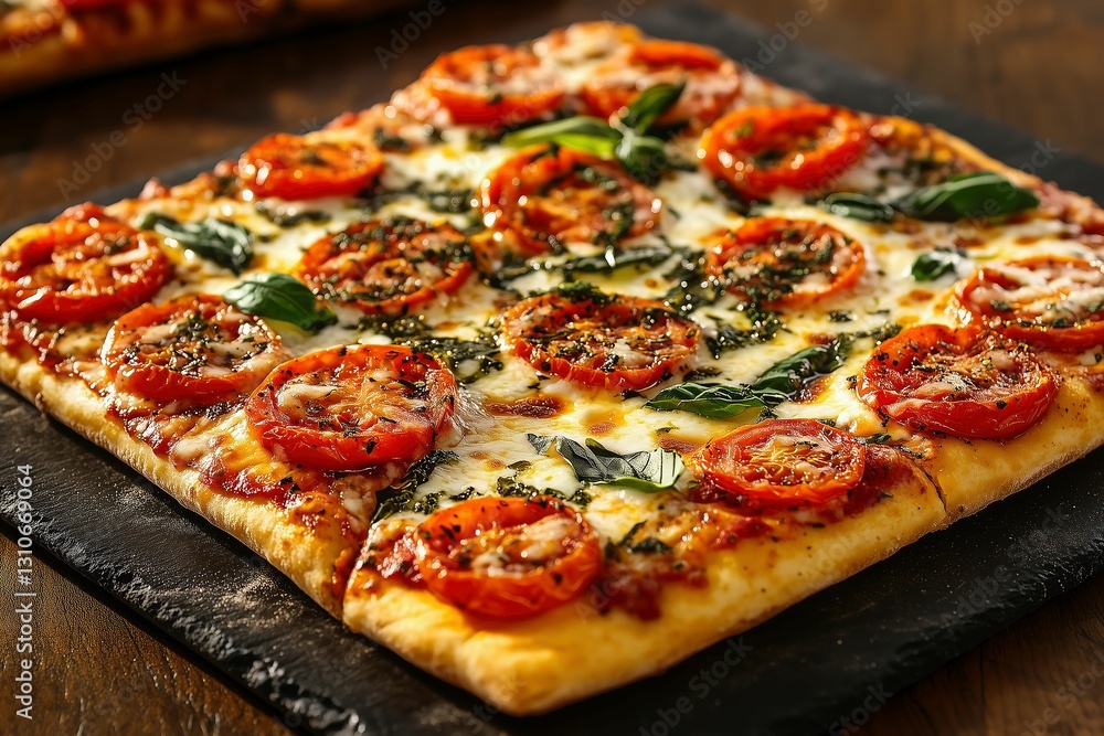Close-up shot of a classic square margarita pizza Close-up shot of a classic square margarita pizza