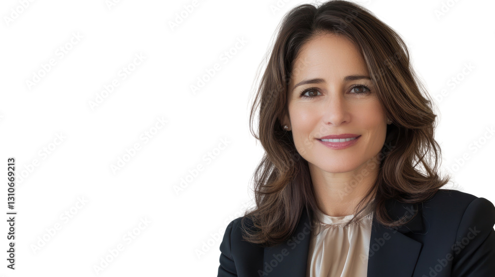 Confident businesswoman smiling, dressed in professional attire against a white background. Confident businesswoman smiling, dressed in professional attire against a white background.