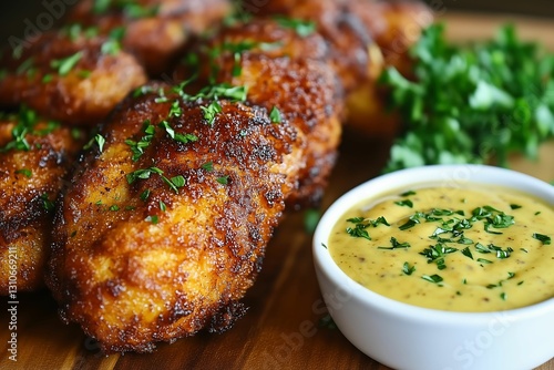 Crispy fried chicken with a side of dipping sauce, garnished with parsley