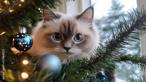 A Beautiful Cat With Blue Eyes In A Christmas Tree