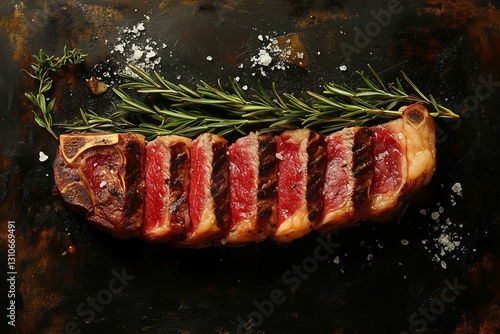 Overhead shot of sliced raw beef steak with herbs ready for grilling