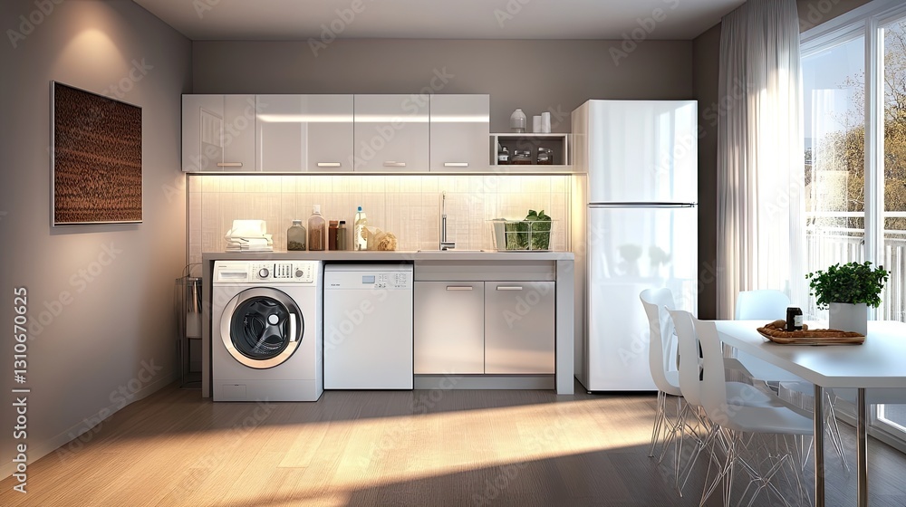 Space-saving laundry and kitchen area with a white washer and neat steel wall-mounted storage. Space-saving laundry and kitchen area with a white washer and neat steel wall-mounted storage.