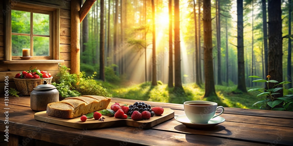 Minimalist Cabin Forest Breakfast: Sunlight Through Trees Minimalist Cabin Forest Breakfast: Sunlight Through Trees