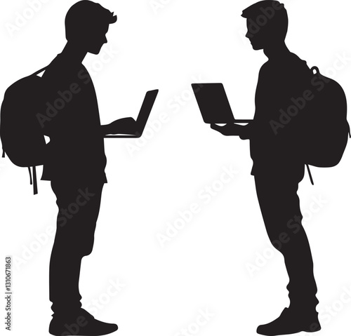 Silhouette of a student with a backpack, holding a laptop vector silhouette