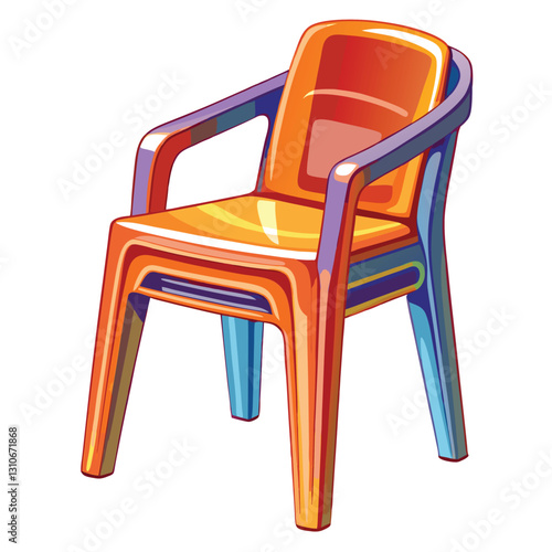 Render a highly detailed image of a stackable plastic chair, showcasing its bold, sharp edges and glossy finish.  Emphasis on realistic reflections and textures.