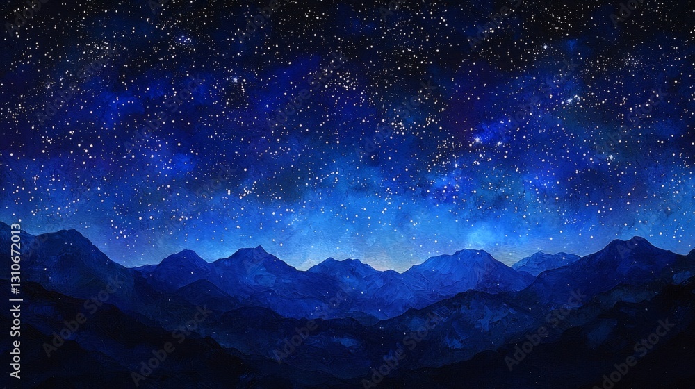 Starry Night Sky Over Majestic Mountains in a Deep Blue Canvas Starry Night Sky Over Majestic Mountains in a Deep Blue Canvas