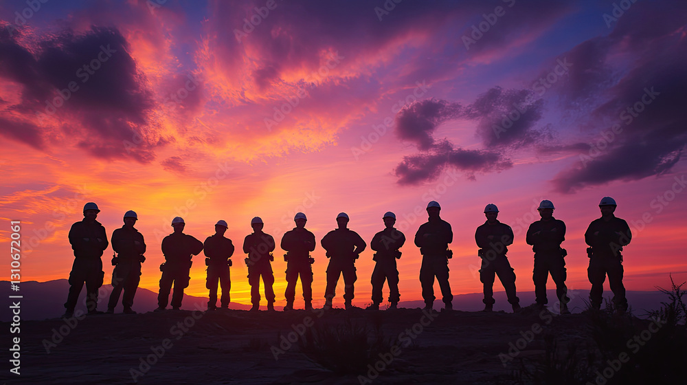 Fototapeta premium Silhouetted soldiers standing against a vibrant sunset, showcasing camaraderie and unity