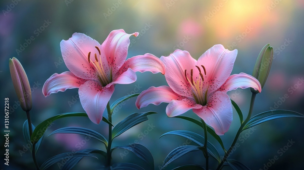 Fototapeta premium Two vibrant pink lilies amidst a soft, blurred background and green leaves