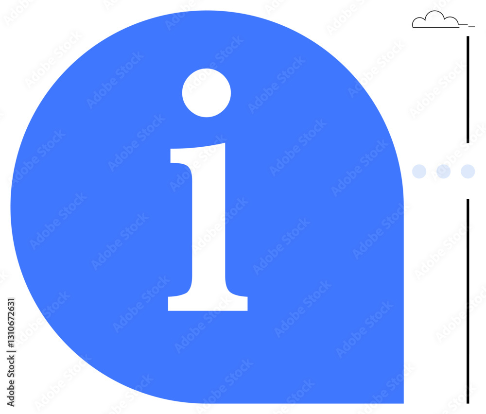 Bold lowercase i inside blue speech bubble shape, minimal cloud and dotted trail. Ideal for information, communication, customer support, knowledge sharing, helpful tools, contact direction. Flat