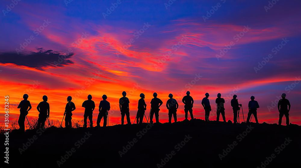 Silhouetted workers standing on a hilltop against a vibrant sunset, showcasing teamwork and unity Silhouetted workers standing on a hilltop against a vibrant sunset, showcasing teamwork and unity