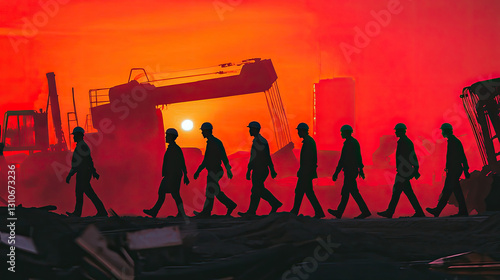 Silhouetted workers walking in unison at sunset amidst industrial machinery and smoke photo