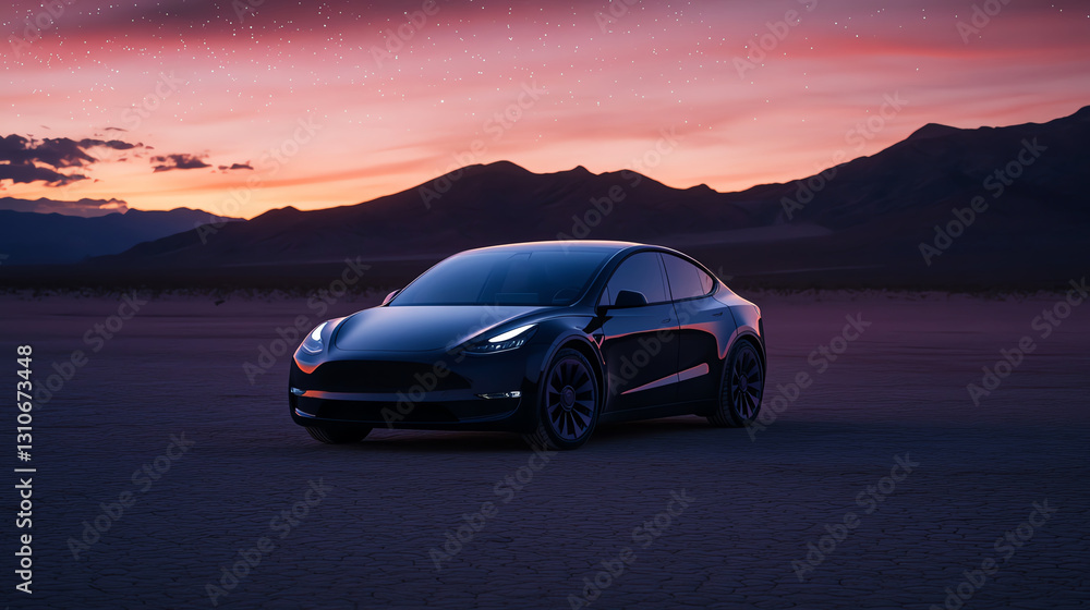 Naklejka premium An electric car driving through a desert landscape at twilight, with the stars beginning to appear