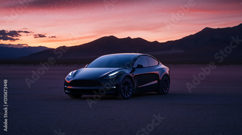 An electric car driving through a desert landscape at twilight, with the stars beginning to appear