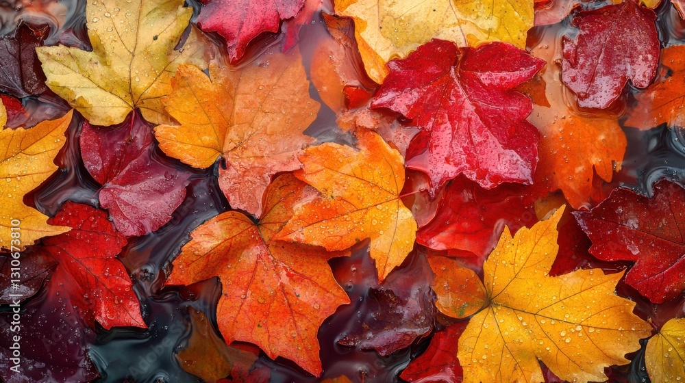 Hyper-Realistic Close-Up of Vibrant Autumn Leaves Floating on Calm Water with Mesmerizing Reflections Hyper-Realistic Close-Up of Vibrant Autumn Leaves Floating on Calm Water with Mesmerizing Reflections