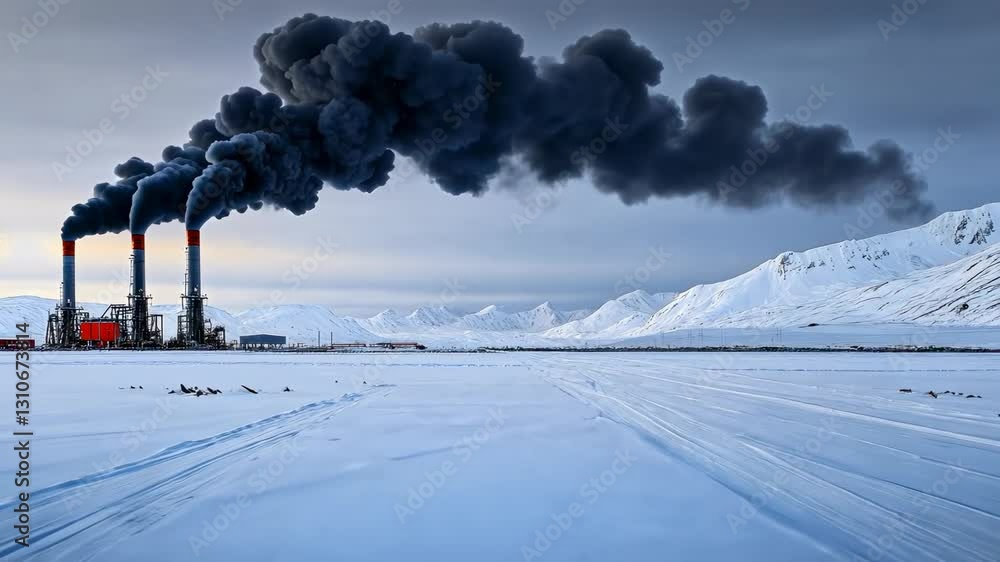 Smoky industrial landscape against snowy mountains Smoky industrial landscape against snowy mountains