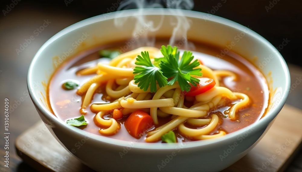 Close-up of steaming hot Asian soup with noodles and vegetables in white bowl, steam, food, bowl Close-up of steaming hot Asian soup with noodles and vegetables in white bowl, steam, food, bowl