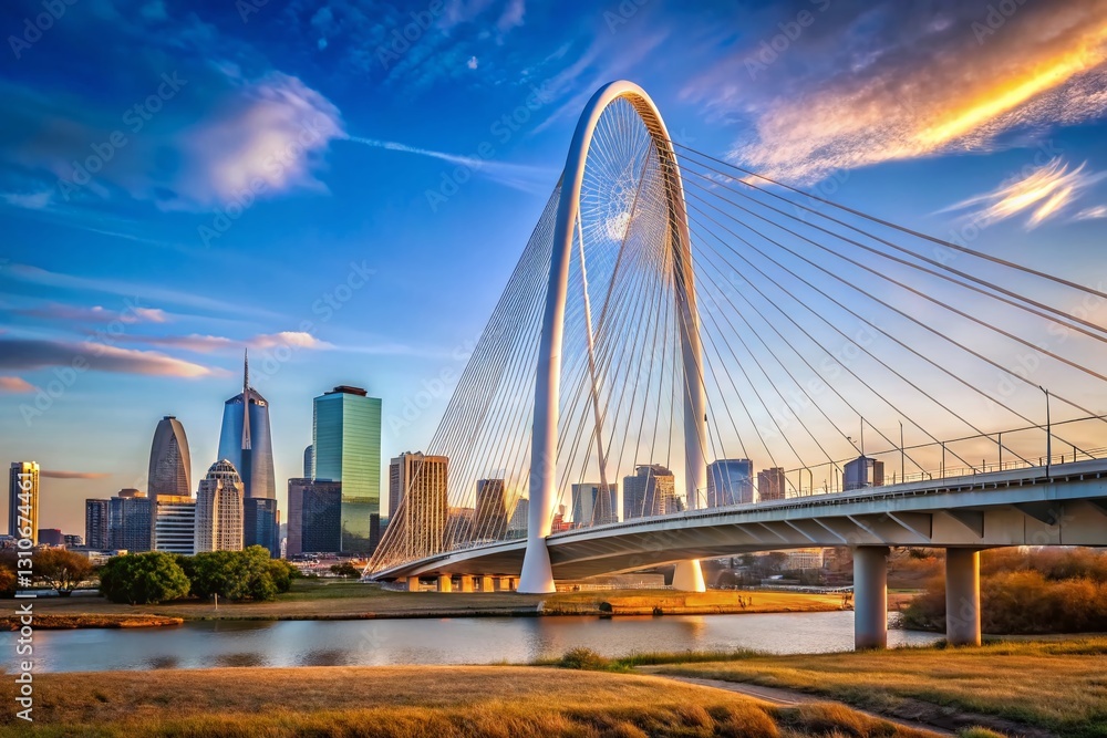 Obraz premium Minimalist Dallas Skyline: Wide Angle Margaret Hunt Hill Bridge Panorama