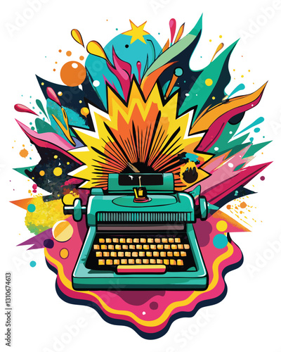 A vintage typewriter with keys exploding outwards in a burst of vibrant, colorful confetti.  Focus on the dynamic energy of the explosion.
