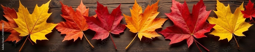 Obraz premium Beautiful arrangement of different types of autumn leaves on a wooden surface, arrangement, wooden, leaves