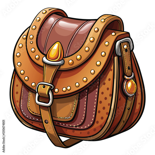 Create a realistic vector illustration of a western-style saddle, showcasing intricate stitching and leather texture.  Include details like stirrups and cinch.