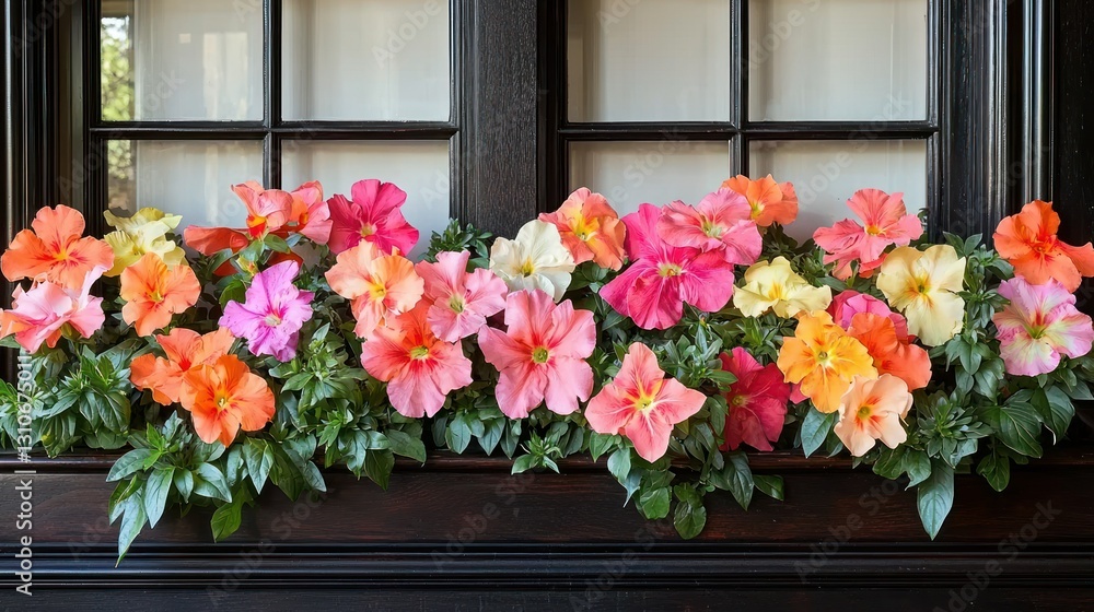 Fototapeta premium Vibrant flowers adorn a window box, against a dark frame and white curtains