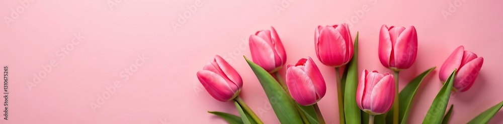 Fototapeta premium Beautiful bunch of tulip flowers against soft pink backdrop, decoration, floral, feminine