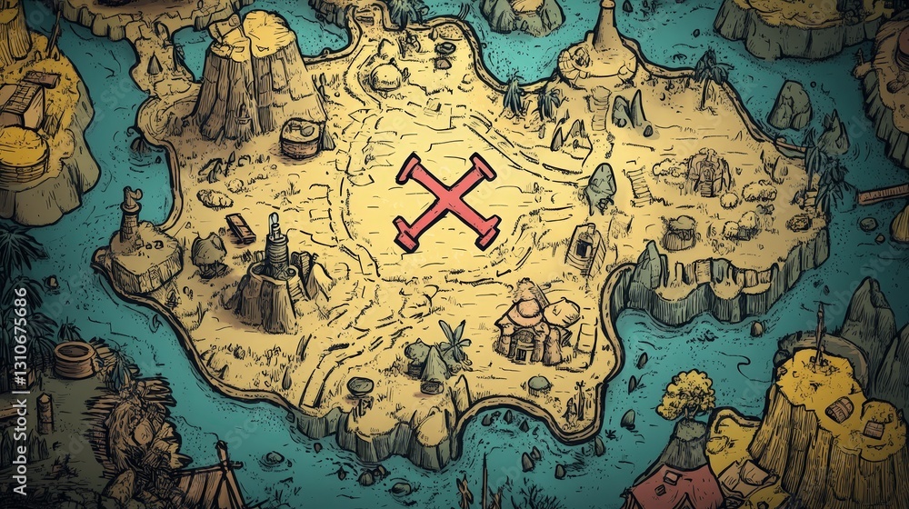 Fototapeta premium Treasure Map: An antique treasure map of an island, inviting adventure and the thrill of discovery, perfect for story telling or gaming.