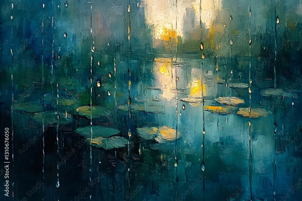 Naklejka premium Rainy Pond Reflections Serene Nature Landscape Abstract Painting