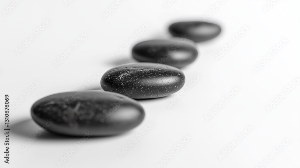 Arranged black river stones on pure white surface create calming and meditative atmosphere, perfect for wellness concepts Arranged black river stones on pure white surface create calming and meditative atmosphere, perfect for wellness concepts