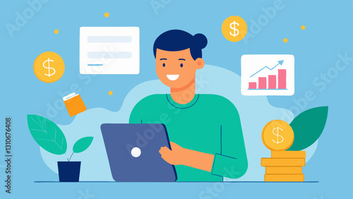 PeertoPeer Lending An individual happily reviewing their lending portfolio on a digital tablet. Visuals of coins and loan agreements float around them.