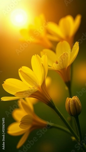 Close-up of yellow blooms illuminated by the sun's rays, close-up, blooms, illuminated