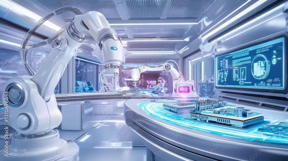 Electronic PCB assembly line in clean room, robotic arm solders small parts onto PCB with utmost precision with digital display. Electronic PCB assembly line in clean room, robotic arm solders small parts onto PCB with utmost precision with digital display.