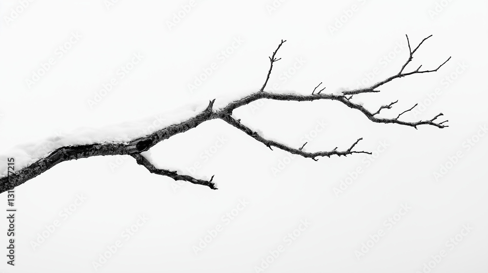 Fototapeta premium Snowy tree branch against white sky evokes serene, peaceful feeling, showcasing stark beauty of winter touch