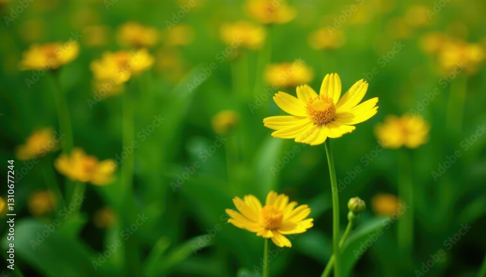 Obraz premium Bright yellow flower blooms amidst lush green foliage, flowers, plants