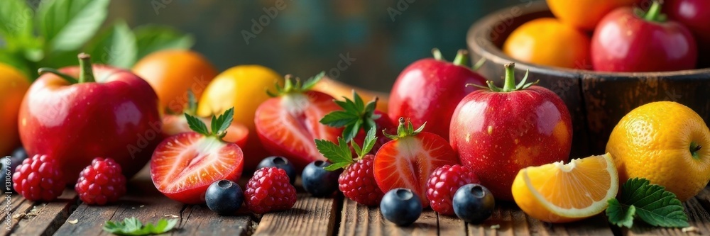 Colorful mixed fruit berries and vegetables on wooden table, healthy eating, fruits, salad Colorful mixed fruit berries and vegetables on wooden table, healthy eating, fruits, salad